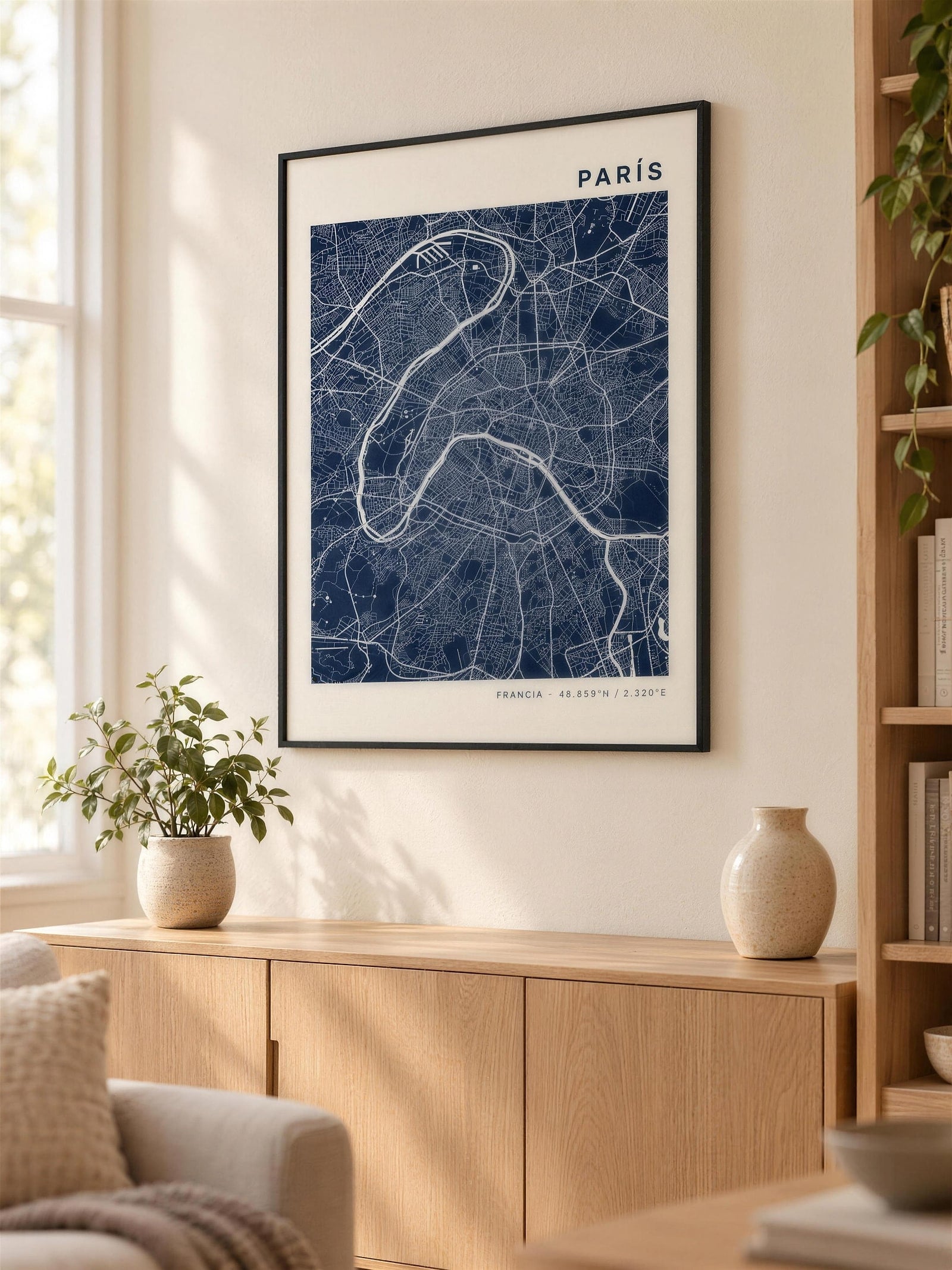 Poster de mapa enmarcado colgado en un living